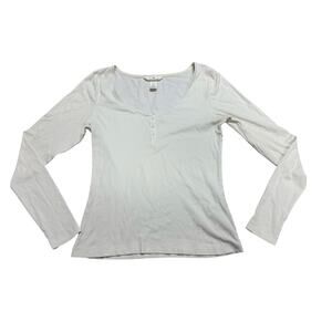 H&M Ribbed Long Sleeve Henley Top Women Large Cream Scoop Neck Basic